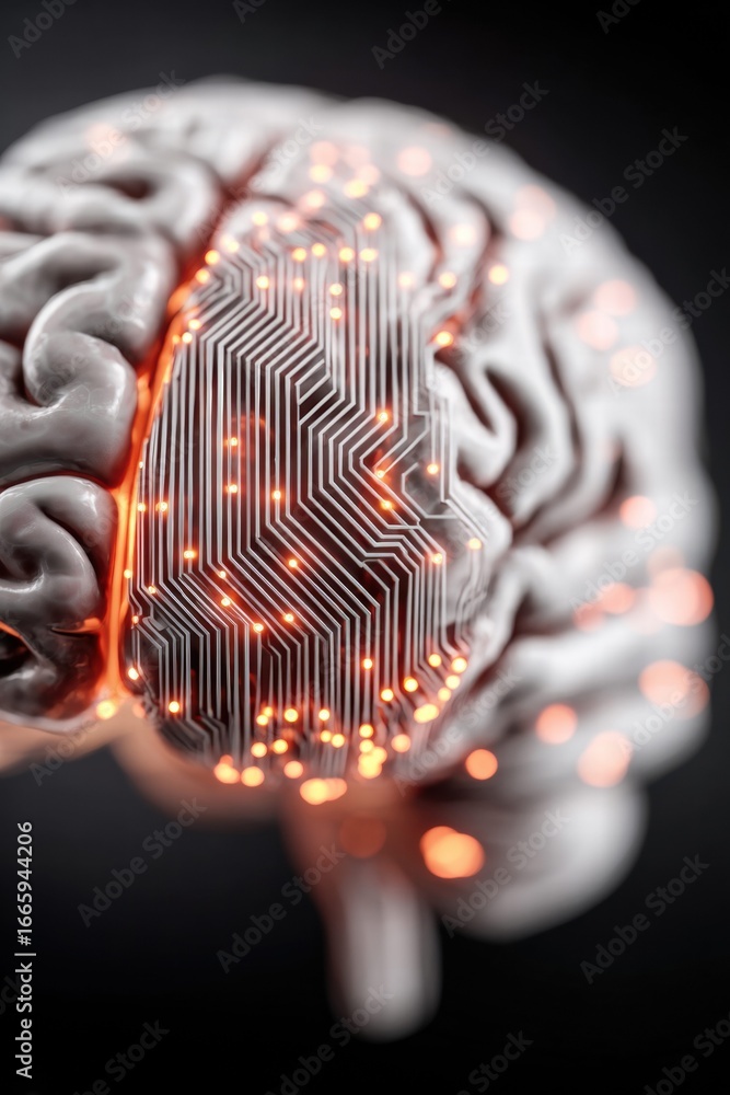 Poster conceptual image of a brain with a circuit board pattern overlaid, symbolizing ai.