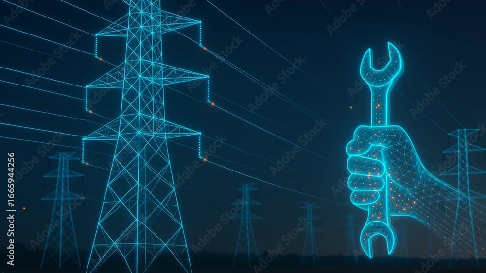 Poster smart factory predictive maintenance concept with digital wrench and power transmission tower ensure