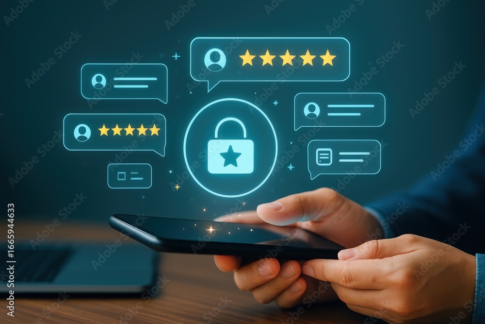 Poster a person interacts with a digital interface displaying secure customer feedback, highlighted by glow