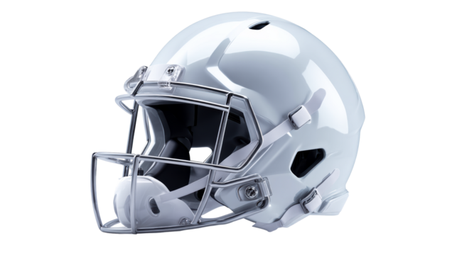 Glossy white protective helmet for American football with metal facemask, cut out transparent