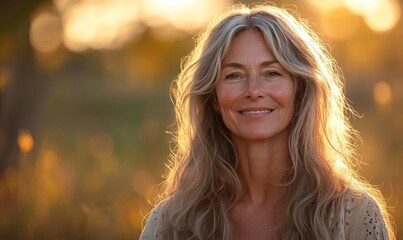 Illustrate a beautiful mature woman with long hair, around 65 years old, smiling with soft light effects around her, Generative AI