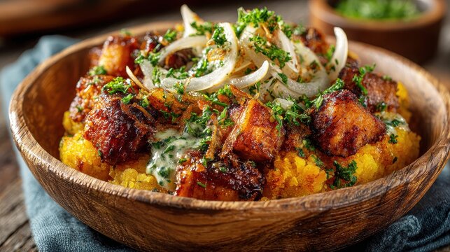 Mofongo with Fried Pork Belly, Onions, and Garlic Sauce in Wooden Bowl