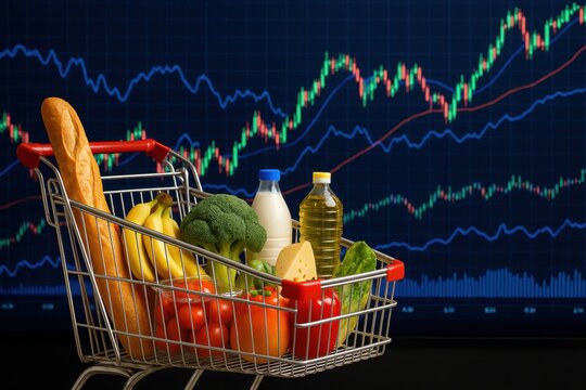 Grocery Cart Amidst Market Trends: A full shopping cart overflowing with a variety of fresh groceries positioned against a dynamic backdrop of stock market graphs. - Powered by Adobe