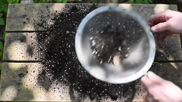 Sifting soil on a wooden table outside with a metal strainer and human hands