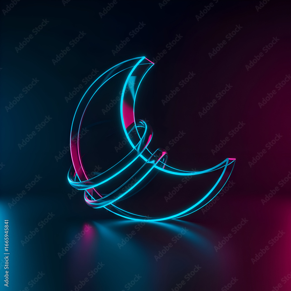 Aufkleber abstract neon moon graphic design in a dark studio setting. geometric glowing curves form a crescent