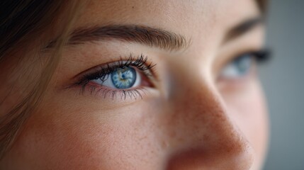Expressive close-up of a young woman's blue eye with long, dark eyelashes and a subtle hint of makeup, dramatic side lighting casting a soft shadow, conveying emotion and beauty. 