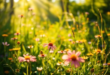 Obraz premium Sunlight dappled wildflowers, blurred motion, joyful energy, happy, chase