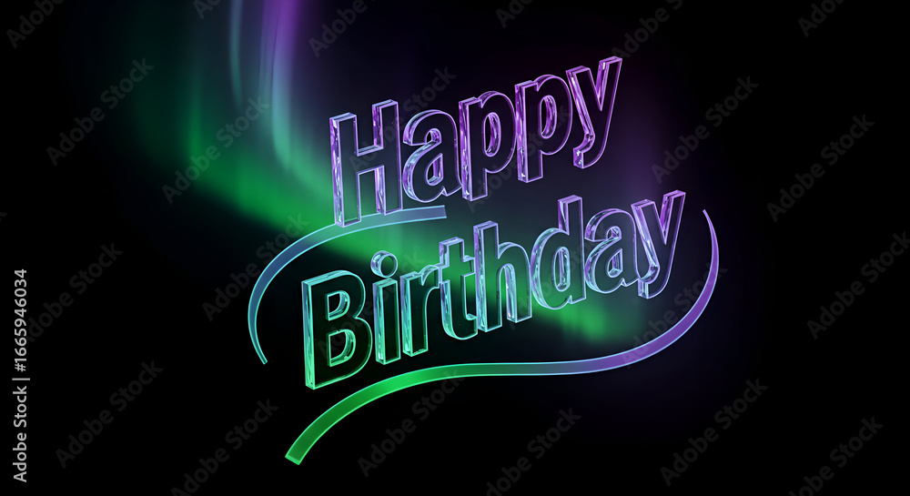 Poster happy birthday message with vibrant neon colors in a 3d design against a black background. abstract 