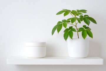 White shelf with plant and container
