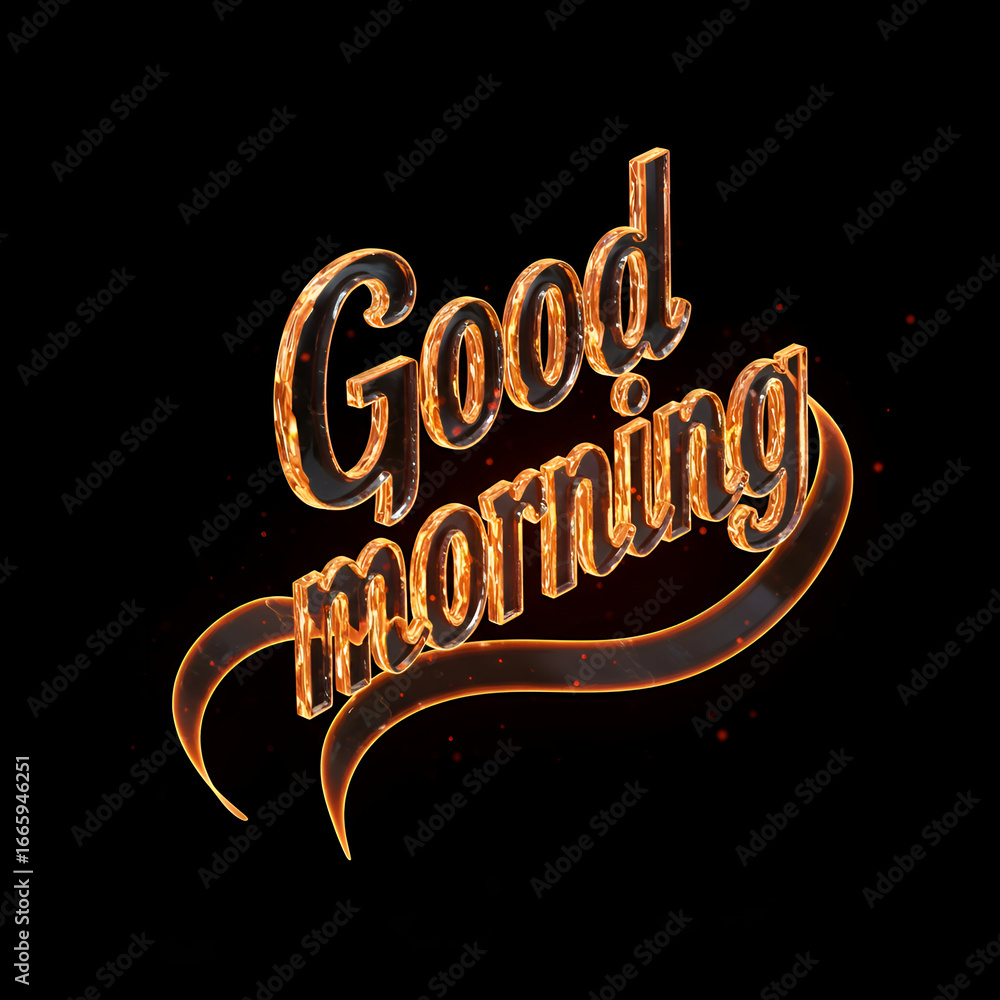 Poster good morning text graphic with fiery outline in 3d style. dynamic presentation with fiery particles 