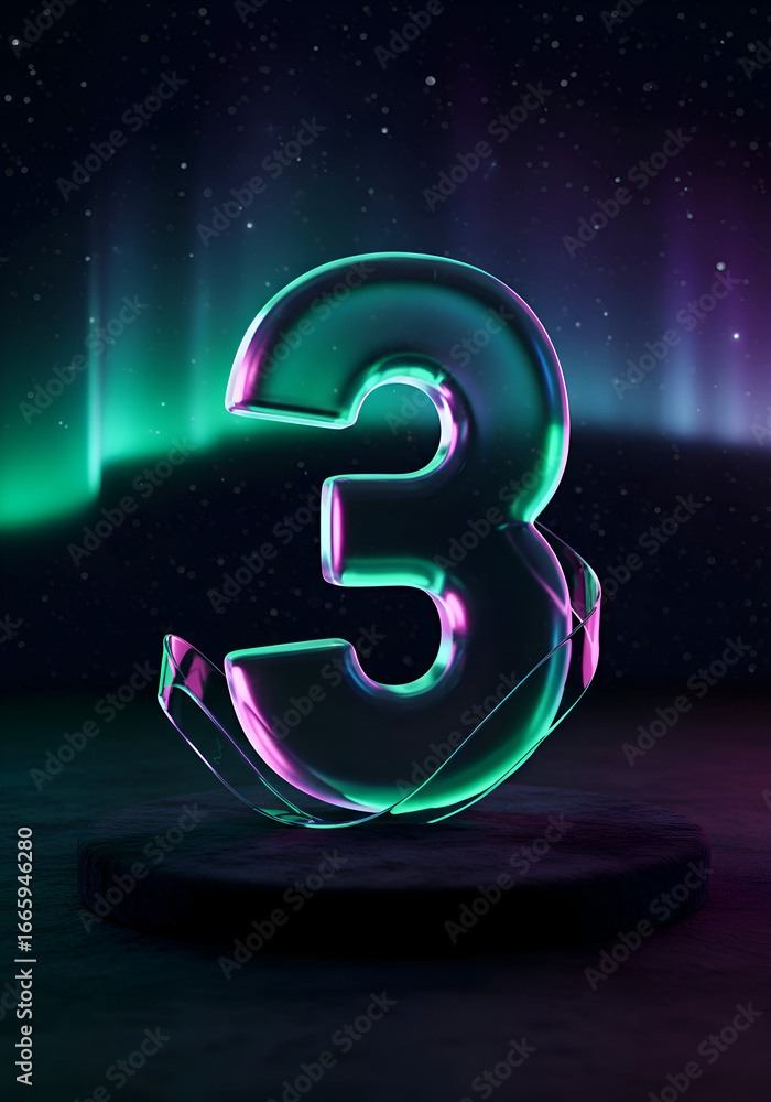 Poster a glowing, translucent number three, set against a backdrop of aurora borealis, rests on a dark ston