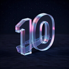Abstract iridescent glass number ten with translucent ribbon, on dark textured background. Celebration milestone visual for digital media use.