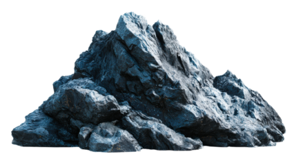 Jagged dark gray rocky outcrop with icy blue highlights and rough textured surface, cut out transparent
