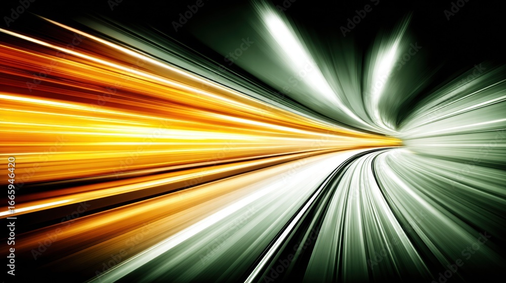 Poster a vibrant abstract image of light trails through a futuristic tunnel, creating a sense of speed and 
