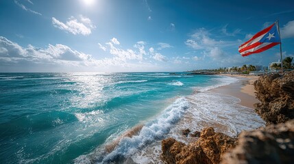 Scenic Puerto Rico Beach with Turquoise Water and the National Flag