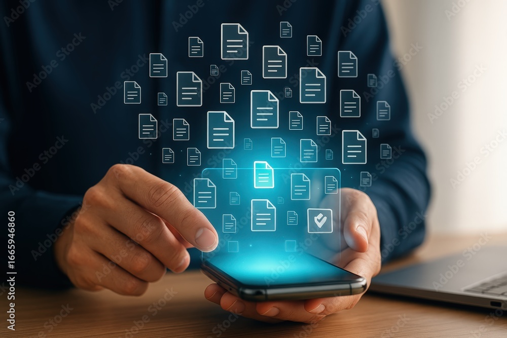 Poster a person interacts with a smartphone displaying a graphic overlay of numerous document icons, sugges
