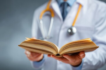 Doctor holding open book, focused on knowledge