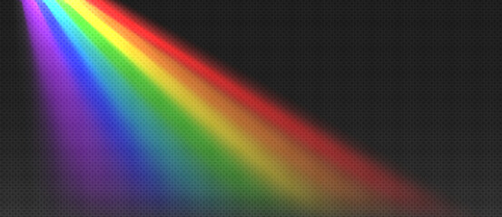 Diagonal rainbow beam with rain effect isolated on black background showing vibrant spectrum from purple to red. Light refraction soft gradient bands with misty edges for weather or optical designs.