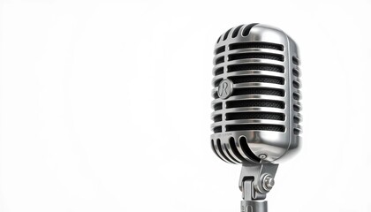 Fototapeta premium Classic silver vintage microphone isolated on white , vintage tech, equipment