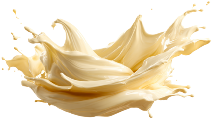 Creamy liquid splash frozen in motion with swirling folds and droplets, cut out transparent