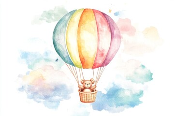 Naklejka premium An illustration of a baby bear cub floating with a hot air balloon in a watercolor sky filled with pastel colors is a heartwarming scene