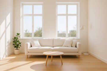 Fototapeta premium Serene Living Room Interior: A bright, airy living room is bathed in natural light, inviting a sense of calm with a stylish sofa, a potted plant, and a minimalist design.