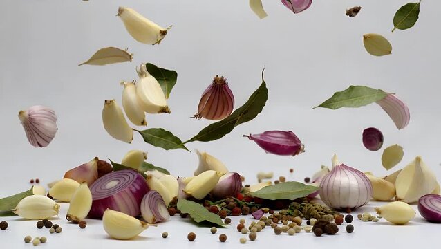 ultra high definition 4k footage shows various colorful spices garlic cloves onion pieces bay leaves gracefully falling against clean white background creating culinary atmosphere ideal cooking food