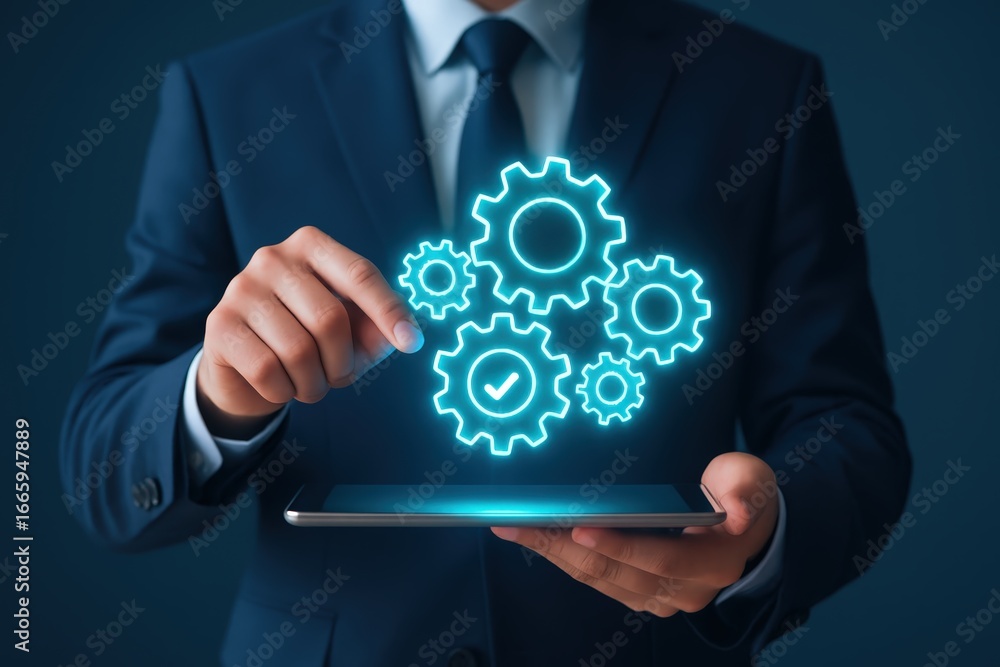 Aufkleber a person in a dark suit holds a tablet displaying glowing blue gears and checkmarks, symbolizing a c