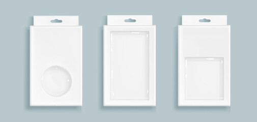 White box packages with plastic window displays and hanging tabs for retail merchandise. Cardboard containers with transparent panels for product visibility and euro hole cutouts for store shelving.