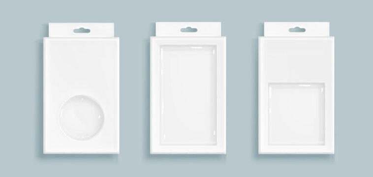 White box packages with plastic window displays and hanging tabs for retail merchandise. Cardboard containers with transparent panels for product visibility and euro hole cutouts for store shelving.