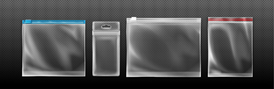 Clear zip lock bag set with transparent plastic and colored seals for storage. Resealable pouches with blue, white and red closure strips and hanging hole for retail or food packaging purposes.