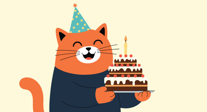 Joyful orange cat celebrating birthday with delicious tiered cake and party hat