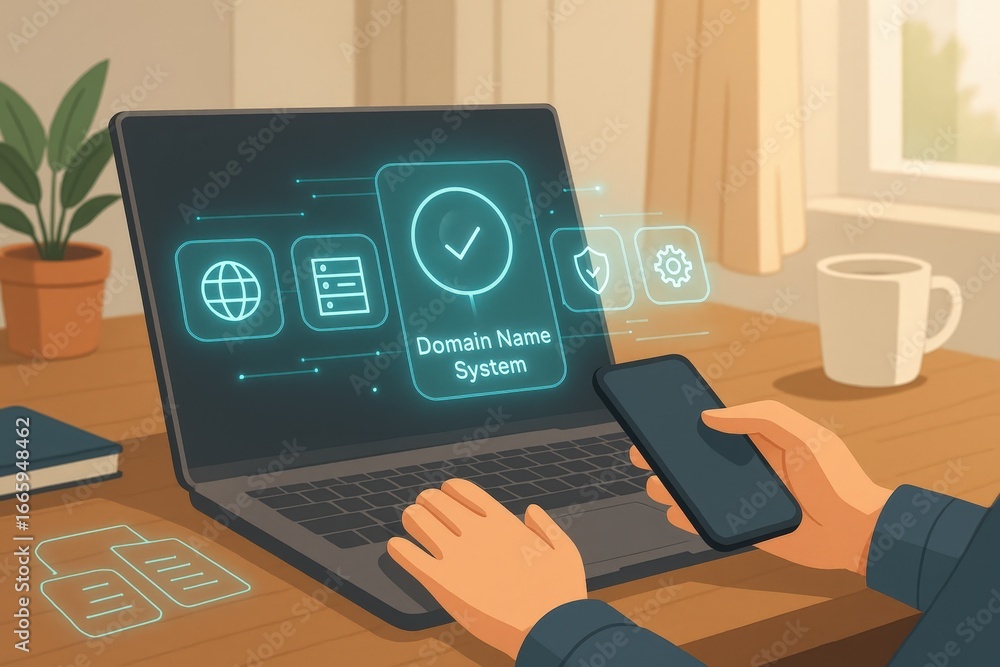 Aufkleber a person using a laptop and smartphone, interacting with a digital domain name system interface over