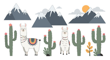 Cute llamas and cacti in a mountain landscape with a sunny sky and clouds