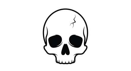 Simple black and white graphic representation of a human skull with dark eye sockets and a cracked forehead