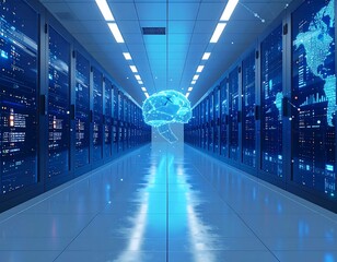 Futuristic server room with a holographic brain