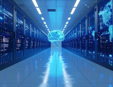 Futuristic server room with a holographic brain