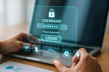 A person interacts with a holographic login interface on a laptop, highlighting digital authentication and user interface design.