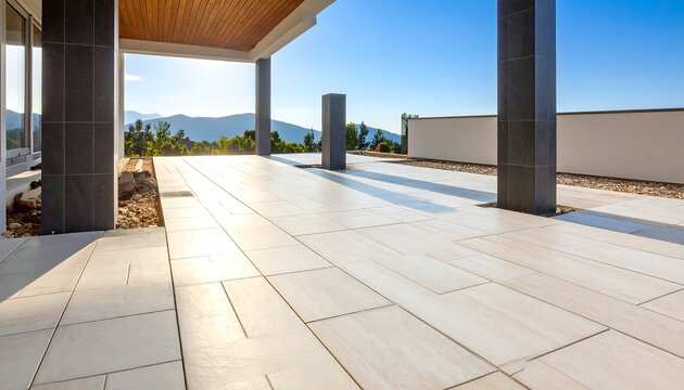 Modern home patio, sunlit, under construction