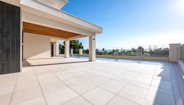 Modern home patio with pool and view
