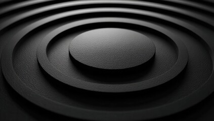Abstract dark concentric circles.  Deep, textured, black circles layered in a radial pattern. A central, slightly lighter circle sits atop a series of darker, recessed circles