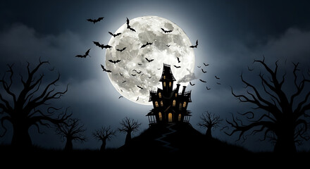 Fototapeta premium Digital illustration of a spooky Halloween castle under a full moon with bats flying overhead at night.