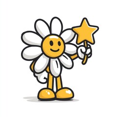 Obraz premium Cartoon daisy character holds star wand, smiling against a white backdrop