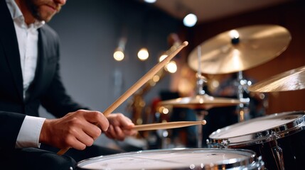 Naklejka premium Jazz drummer playing in dimly lit club, focus on hands and cymbals 