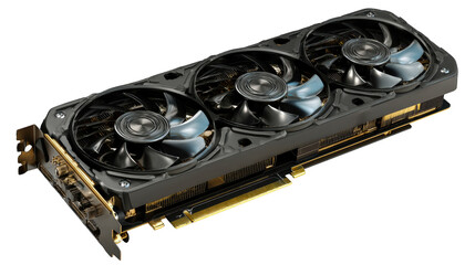 High performance graphics card with three fans and gold accents against black background, cut out transparent
