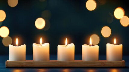 A row of lit candles on a wooden tray.