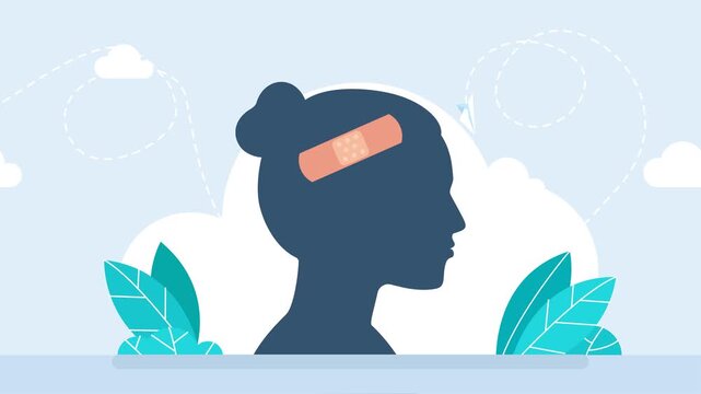 Head trauma, amnesia illustration. Woman face after domestic violence. Smashed girl face. Female head and brain covered with plaster. Concept of mental health, dementia, headache. 2d flat animation	