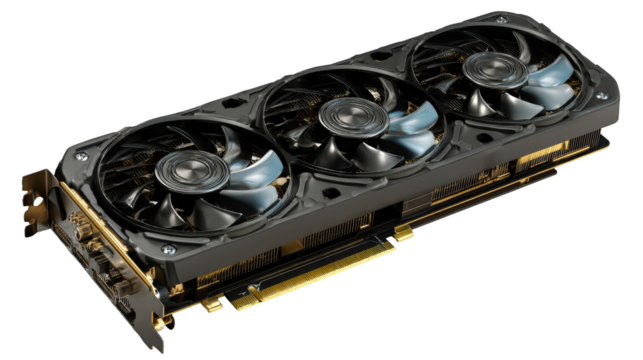 High performance graphics card with three fans and gold accents against black background, cut out transparent