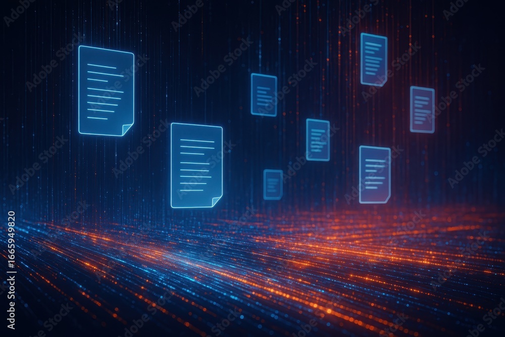 Poster digital document flow: an eye-level perspective, capturing the essence of digital documents floating