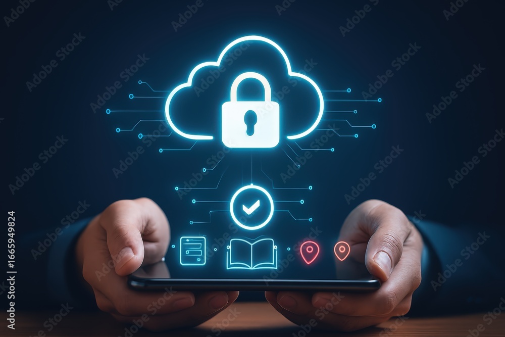 Aufkleber hands holding a phone displaying a secure cloud computing interface with glowing digital icons.